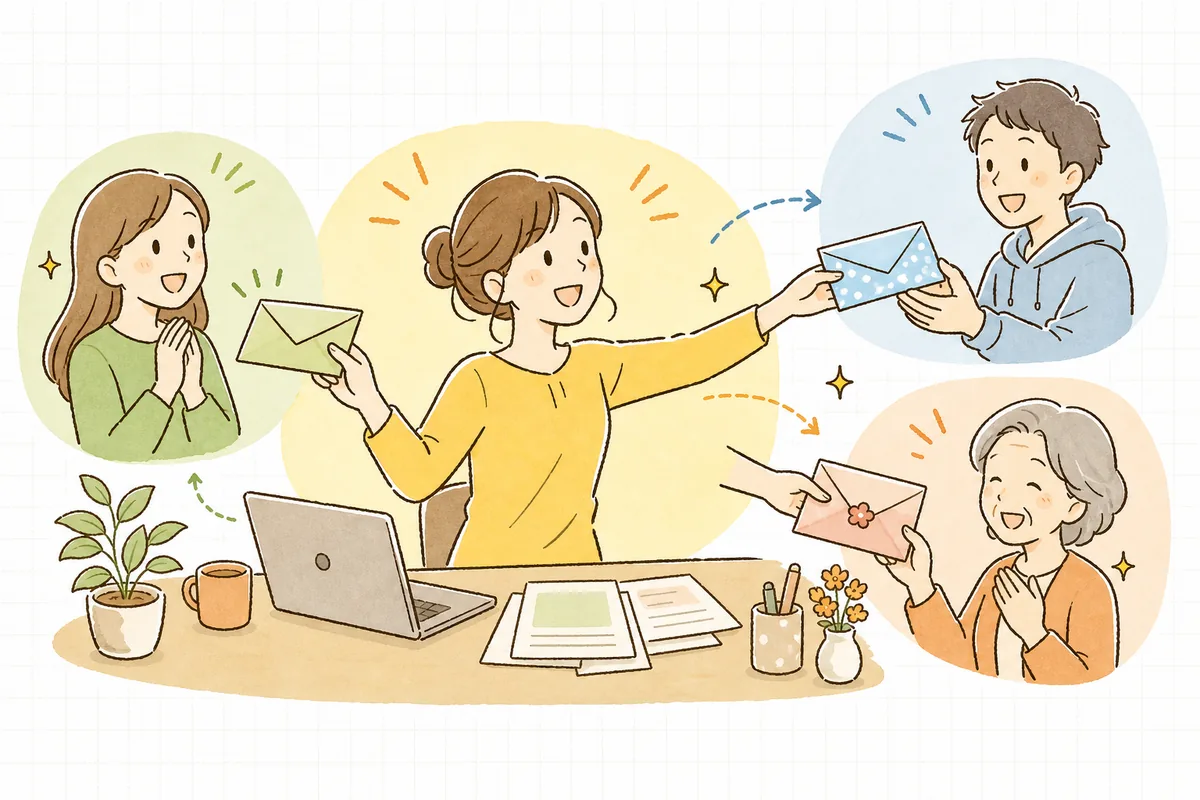 3つの層に分けたお客さんそれぞれに、内容の違う手紙を笑顔で届け分けるEC担当者の情景