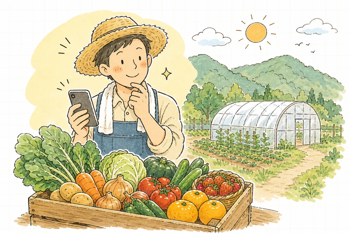 収穫したばかりの野菜を前に、スマホで自分の畑の産品をネットで売ろうか考えている生産者