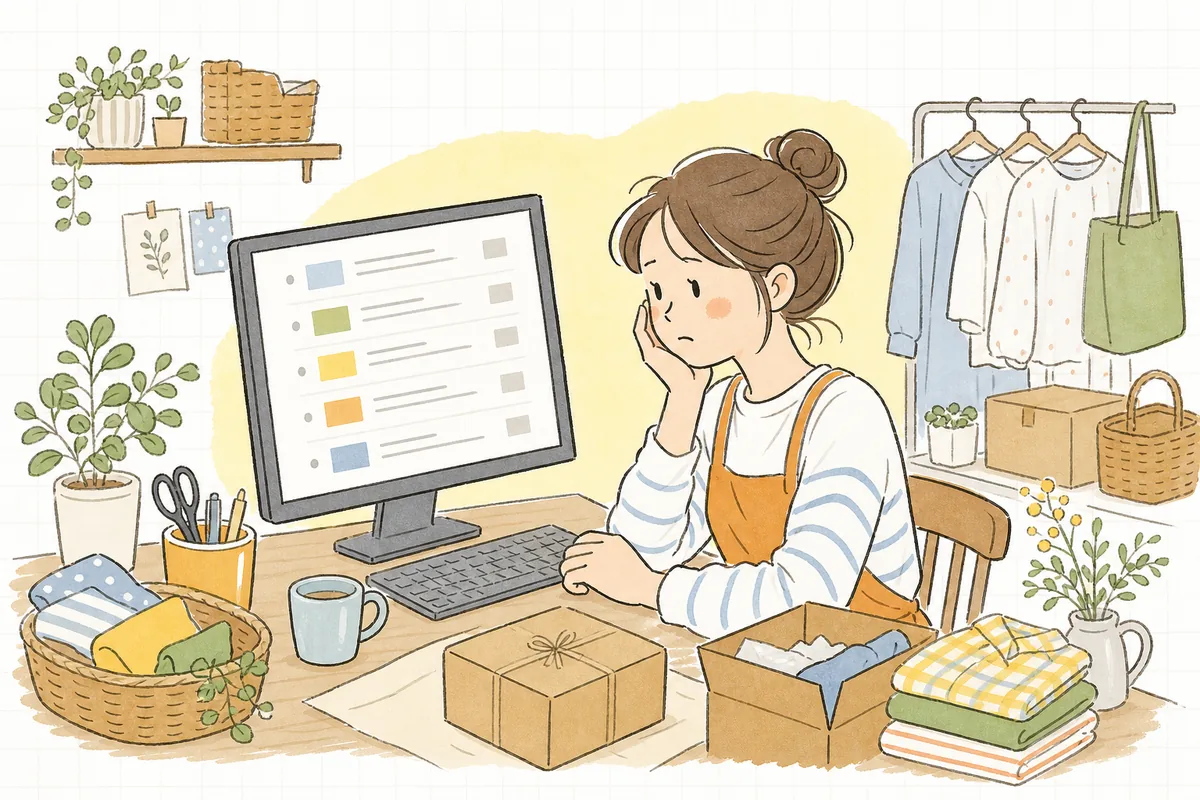 パソコンの検索結果画面を前に、自分の店のページが検索でどう見られているのか気になって考え込むEC担当者の情景