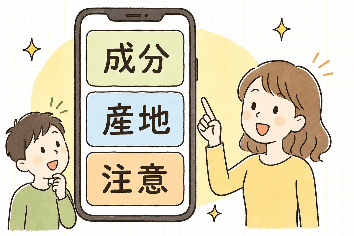 商品ページの中で素材・成分・原産地・注意事項を3つのブロックに整理して見やすく並べた概念図