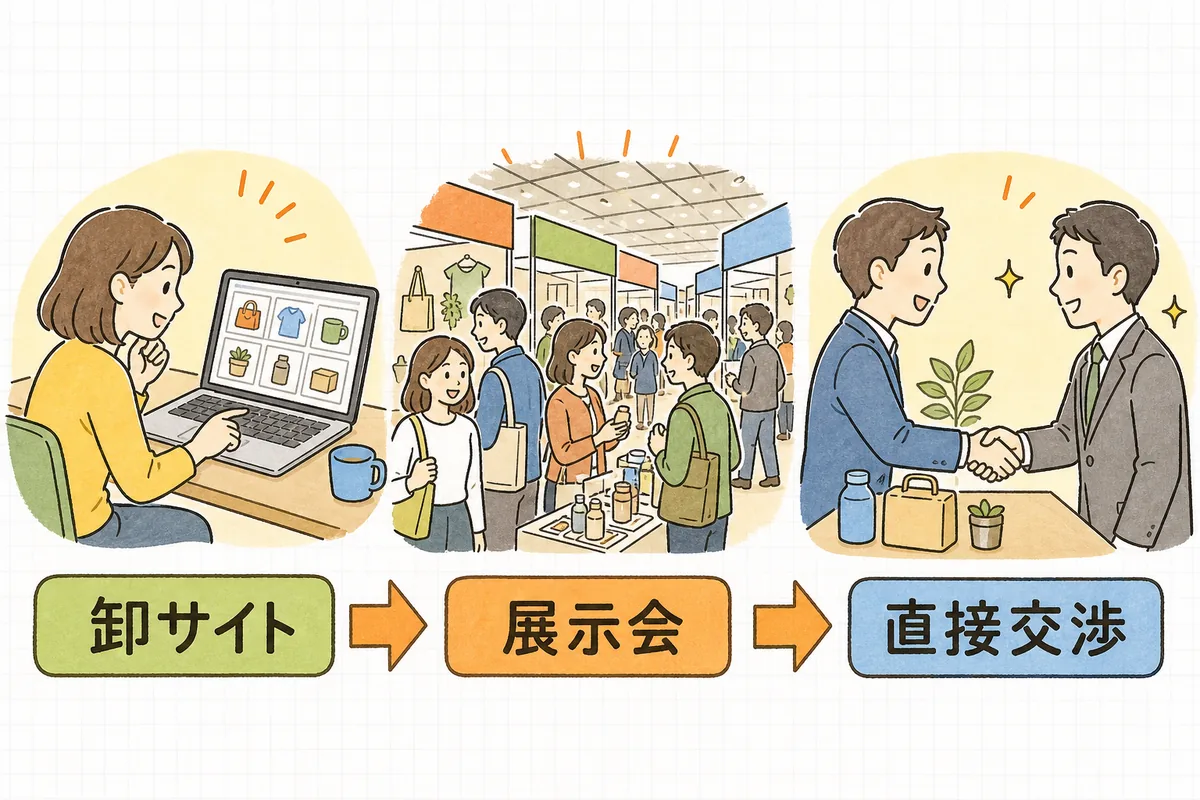 卸サイト・展示会・直接交渉の3つの仕入れルートを、手軽な順に左から並べた比較図