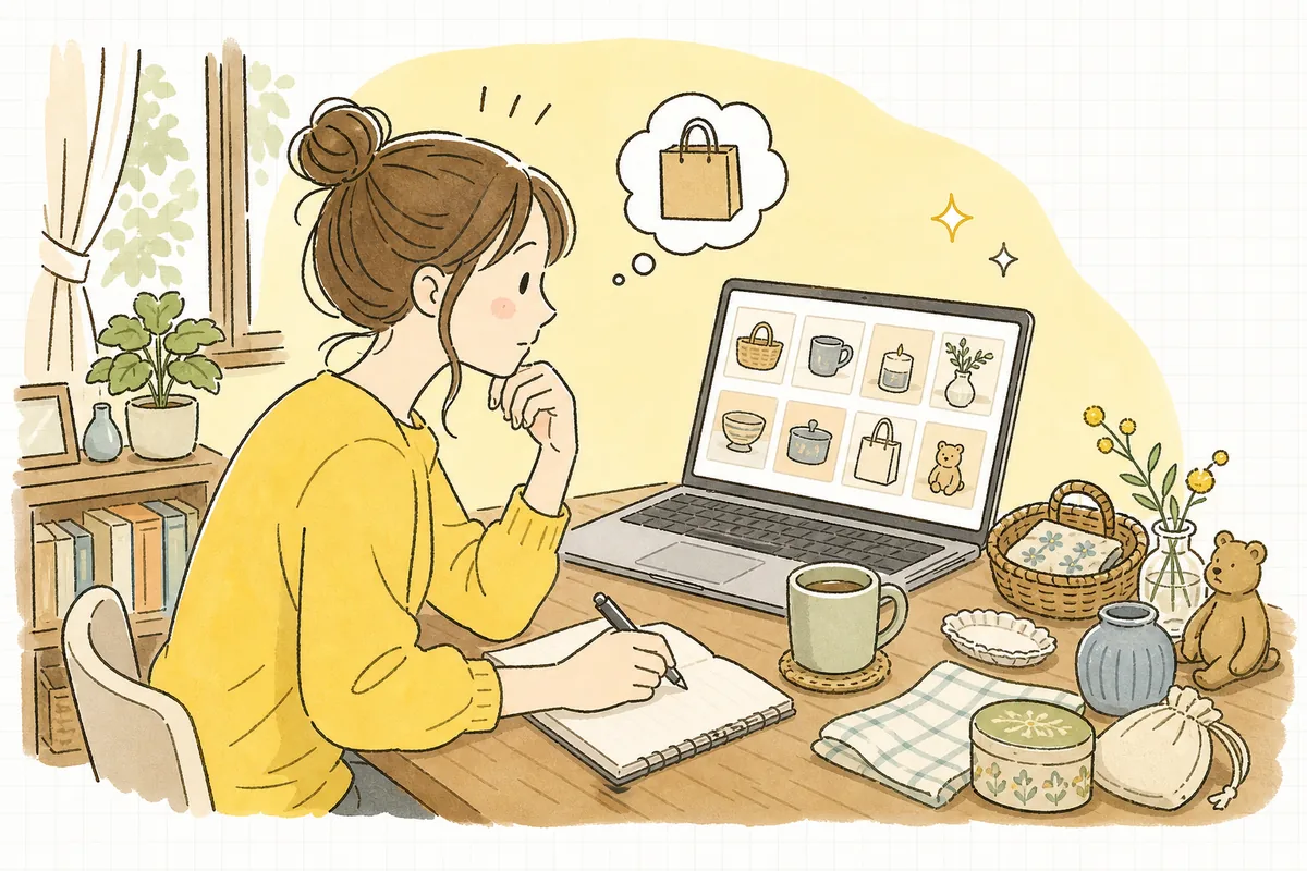 ノートパソコンで卸サイトを眺めながら、どの商品を仕入れようか手元のメモと見比べて考えているネットショップ開業前の女性