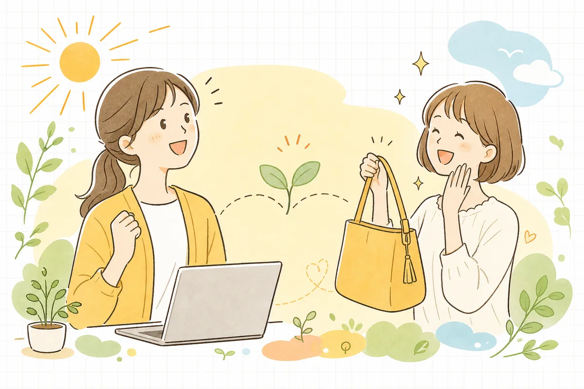 診断で自分に合う商品に出会えたお客さんが笑顔になり、それを見て手応えを感じたEC担当者も晴れやかに前を向いている明るい情景