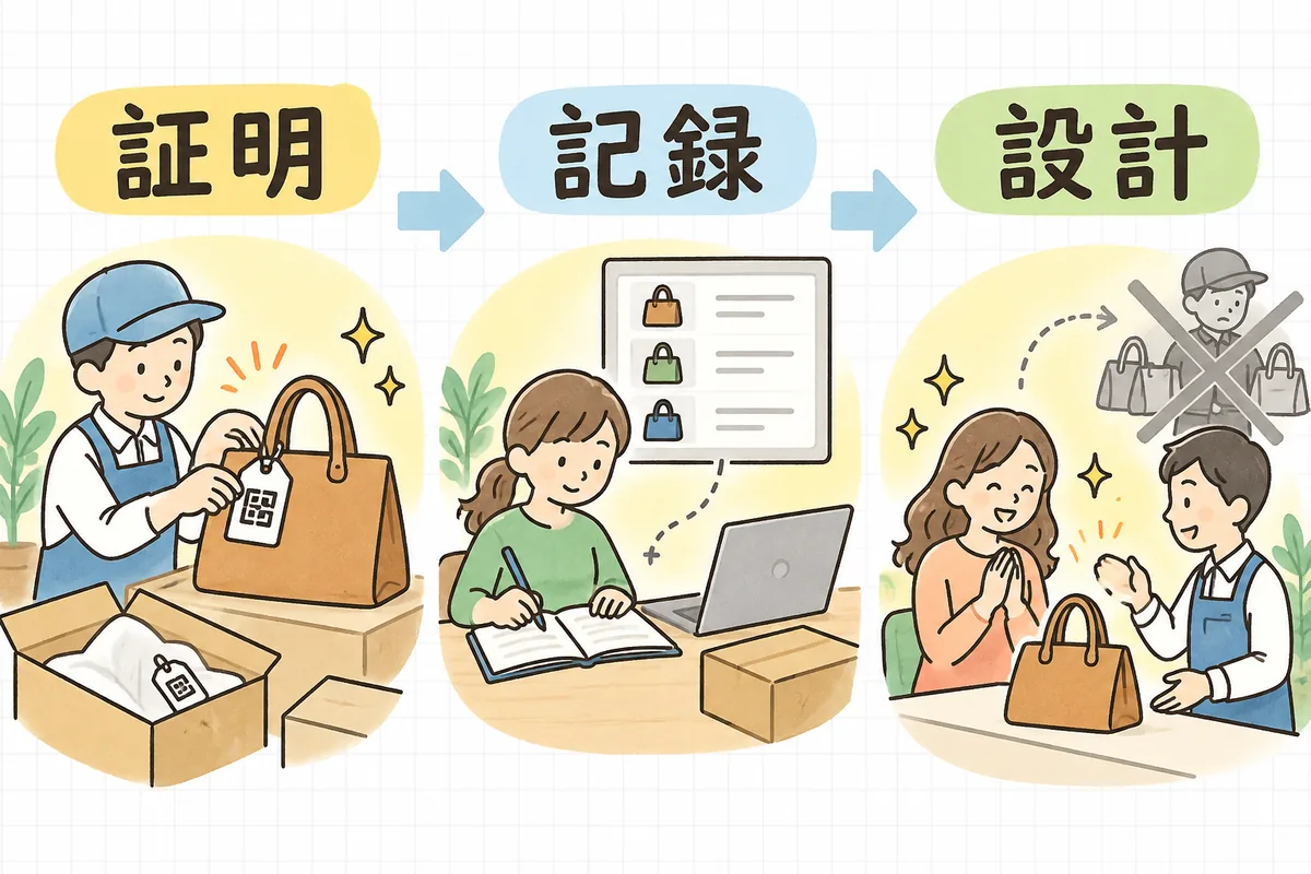 商品に固有番号やQRで本物を証明し、1点ずつ記録して流通を追い、正規購入者を優遇する設計で無断転売を減らす3ステップの流れ図