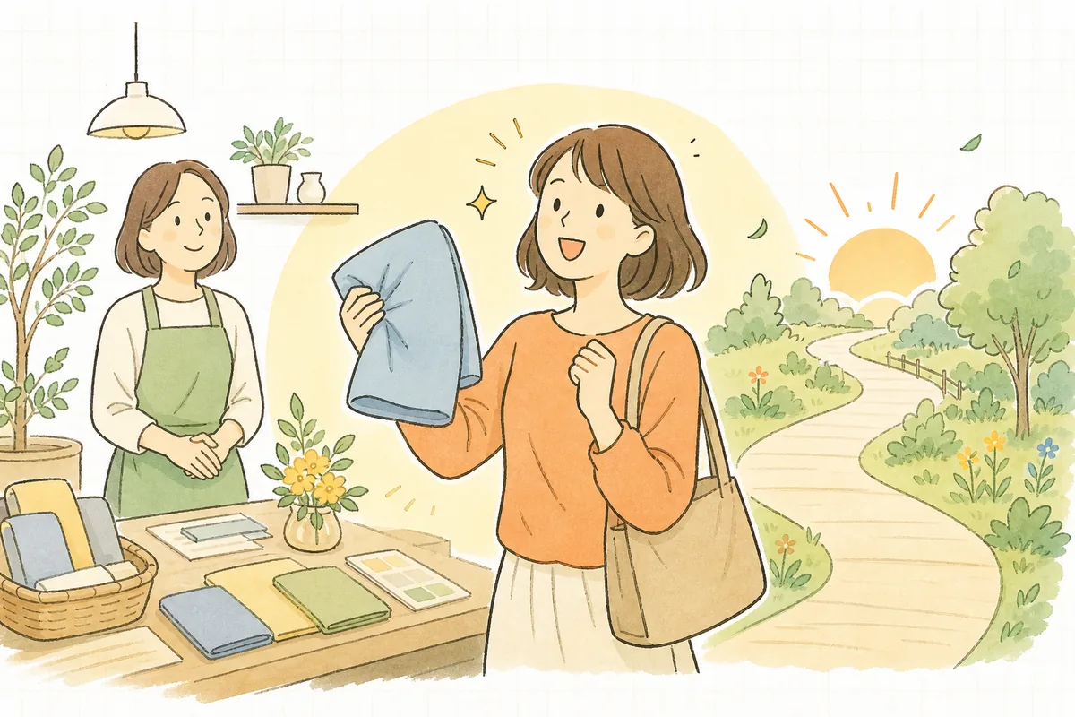 冒頭の箇条書きで要点をつかんだお客さんが、迷いなく「これにしよう」と気持ちよく選び、お店との出会いが心地よく続いていく明るい情景