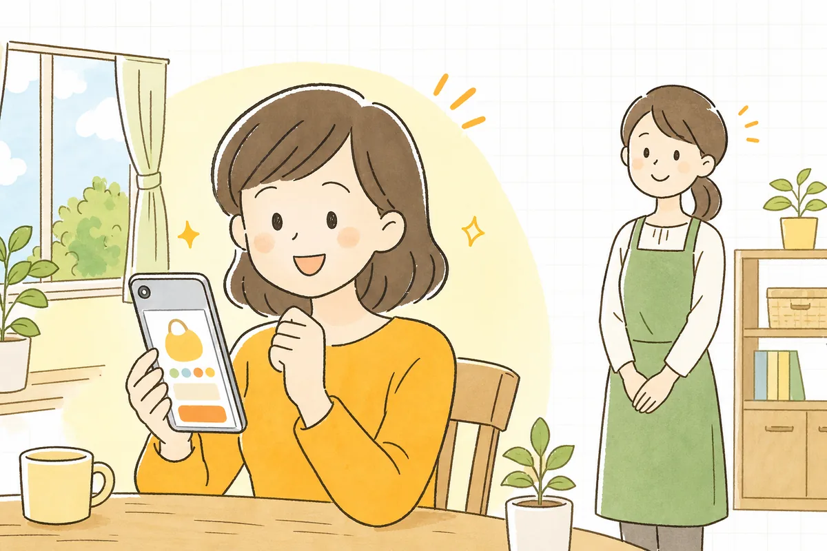 読みやすく整った商品ページを見たお客さんが安心した笑顔で注文を決め、それを見守る担当者も手ごたえを感じている明るい情景