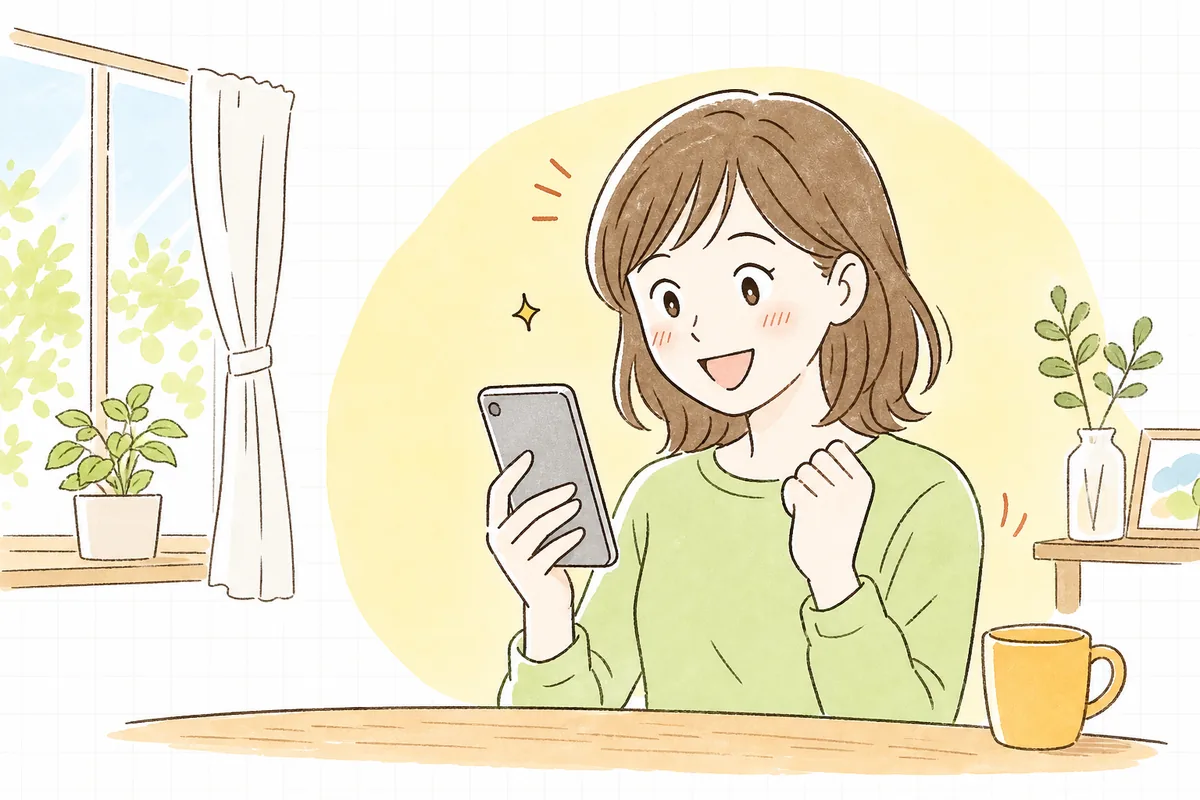 商品ページを開いてすぐ内容が伝わり、安心して買い物を進めている笑顔の人