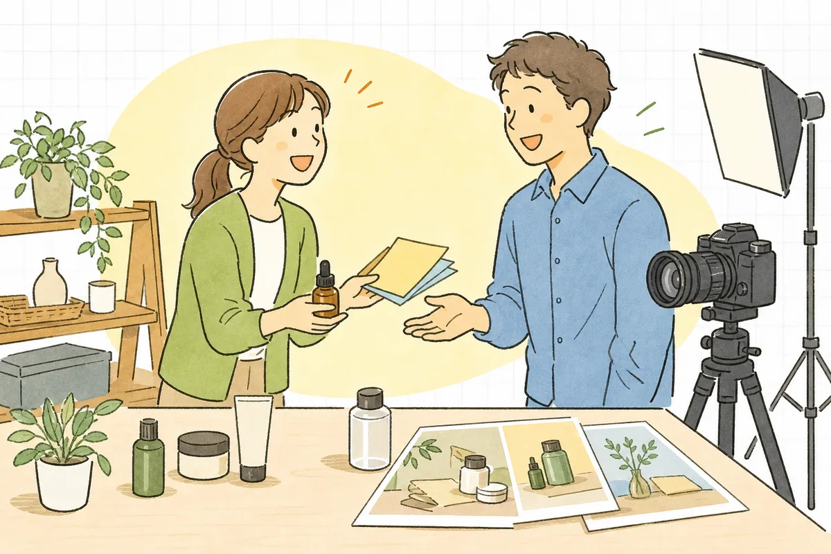 カメラマンに商品と手書きのメモを手渡しながら、仕上がりのイメージを丁寧に伝えているEC担当者の情景