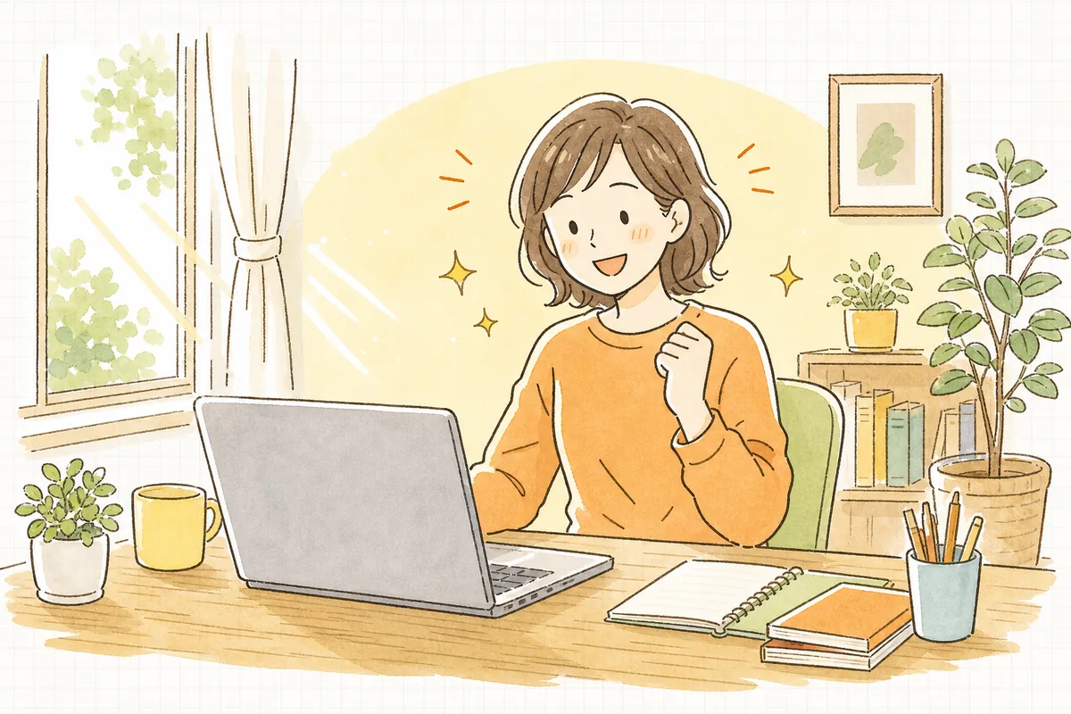 書き上げた商品説明文を見て、すっきりした表情でほほえむ人