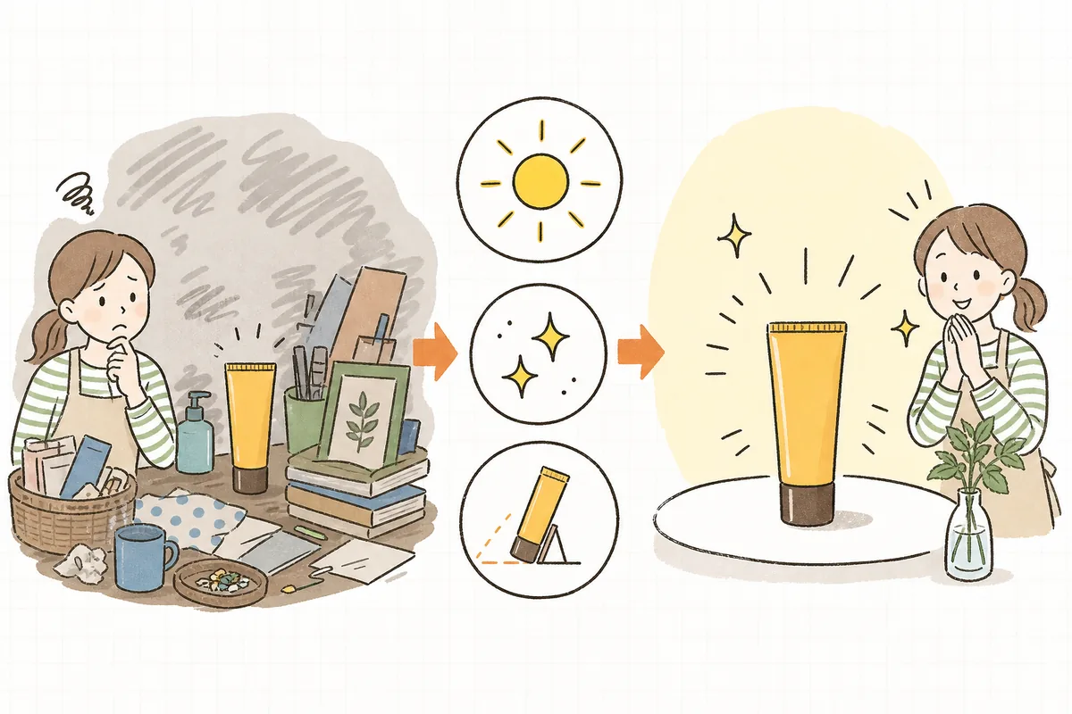 明るさ・背景・角度の3要素と、同じ商品でも伝わり方が変わることを示す概念図