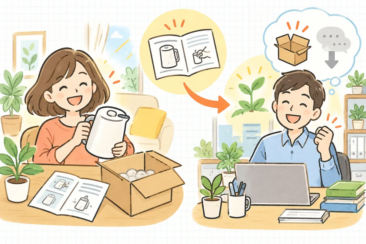 使い方に迷わず商品を気持ちよく使いこなすお客さんと、返品・問い合わせが減って手応えを感じ前を向くEC担当者の明るい情景