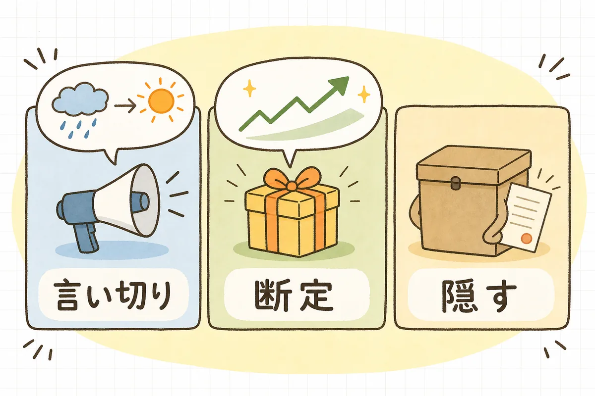 注文が取消しになりやすい表示を「うそ・言い切り」「必ず儲かる断定」「不利な話を隠す」の3タイプに分けて示した図