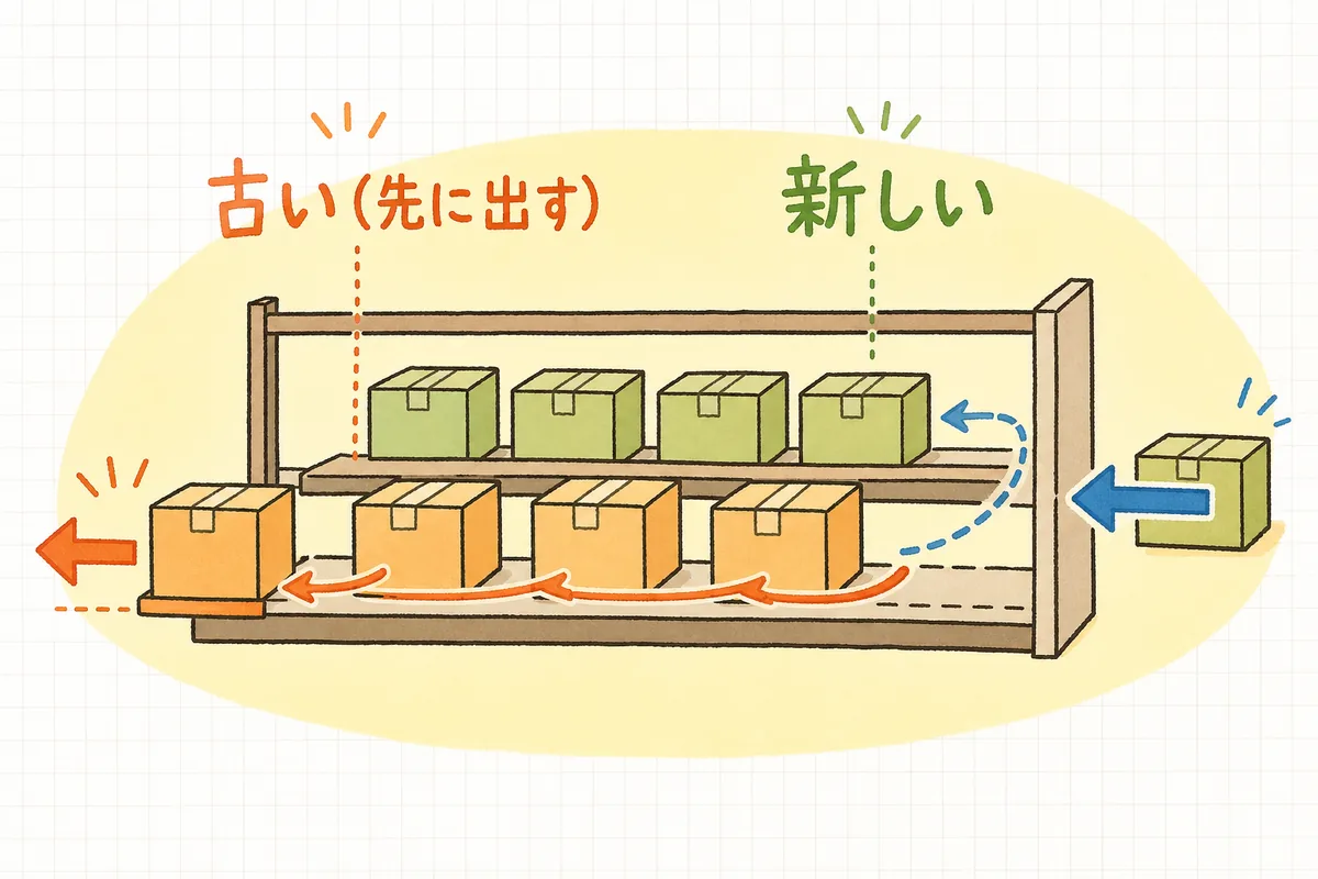棚の手前に古いロット・奥に新しいロットを置き、出荷は必ず手前から取る先入れ先出しの流れを示した図