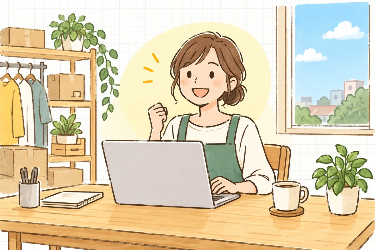 整理されたShopify管理画面を前に、すっきりとした表情で前を向くEC担当者