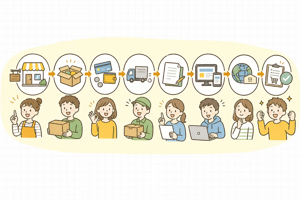 Shopify開店までの初期設定を、基本情報→商品→決済→配送→法務表記→デザイン→ドメイン→テスト注文の順に並べた流れ図