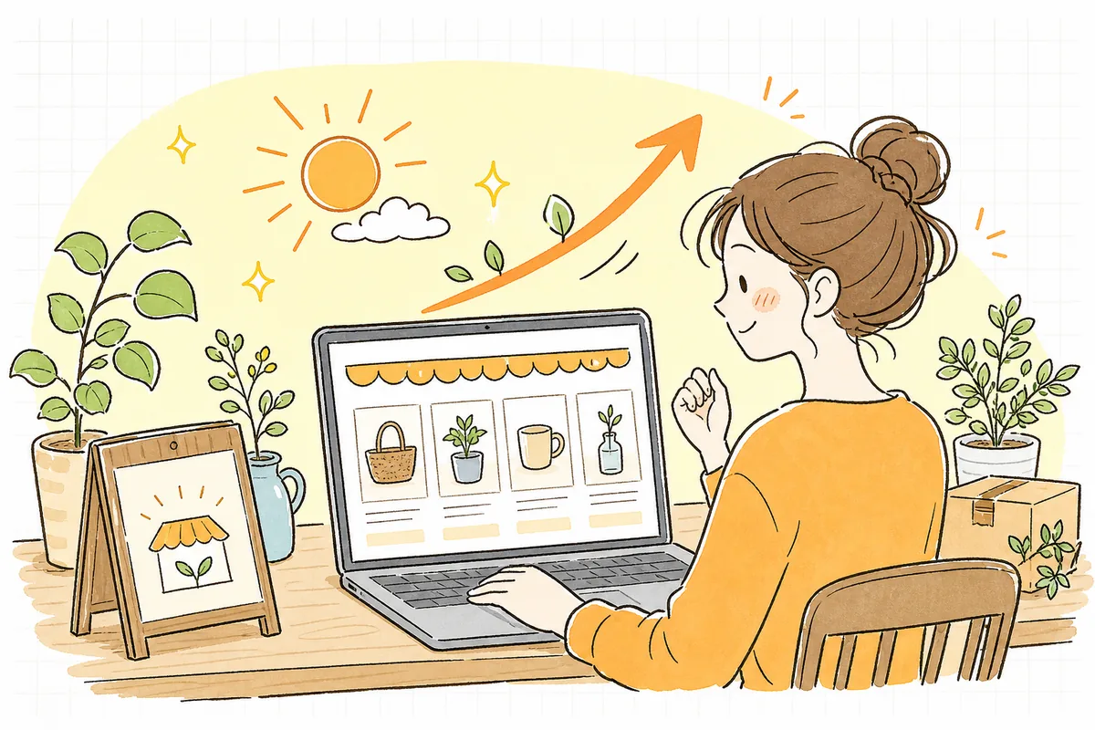 初期設定を終えて自分のネットショップを無事に開店でき、達成感とともに前向きに次の一歩へ進もうとしているショップオーナー
