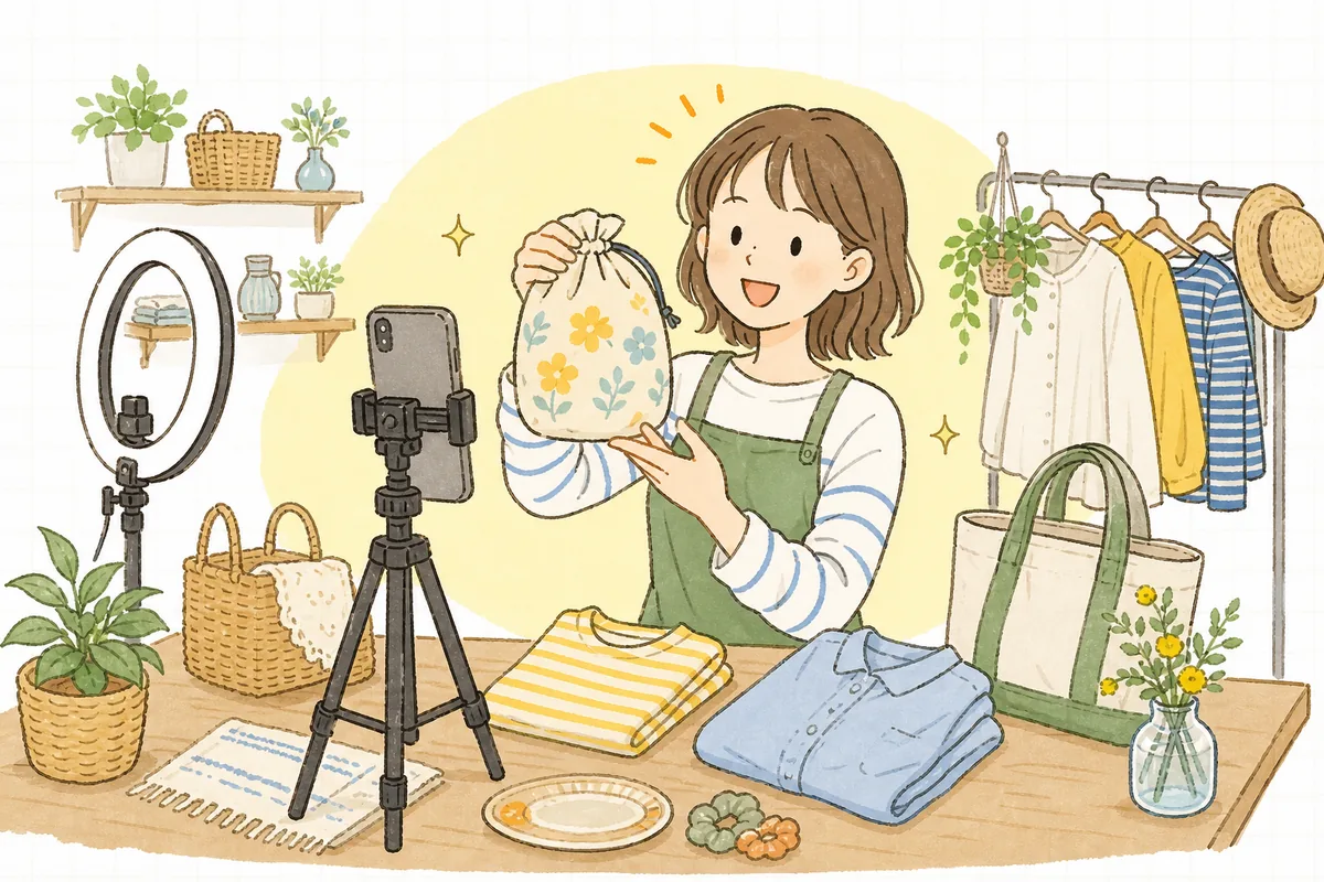 スマホを縦に構えて自分の商品を短い動画で撮影している小さなネットショップの担当者が、「これで伝わるかな」と前向きな表情で工夫している情景