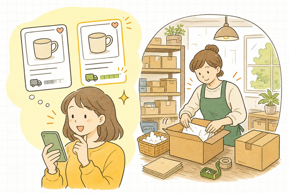 スマホで2つの商品ページを見比べ、「早く届く」と書かれたほうに気持ちが傾いているお客さんと、その向こうで丁寧に箱を詰めるEC担当者の情景