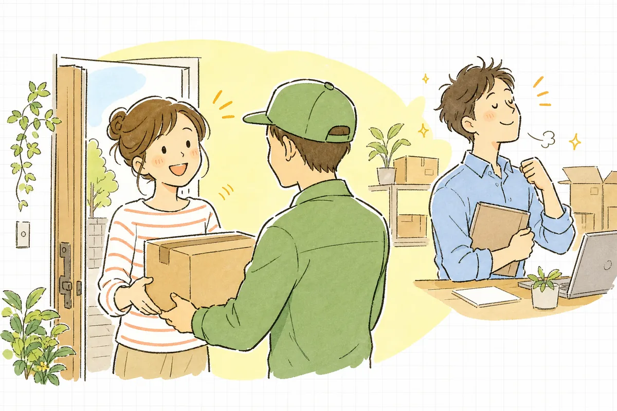 出荷を終えた箱が玄関先に届き、受け取ったお客さんが笑顔になり、その向こうで肩の力が抜けて前を向くEC担当者の情景