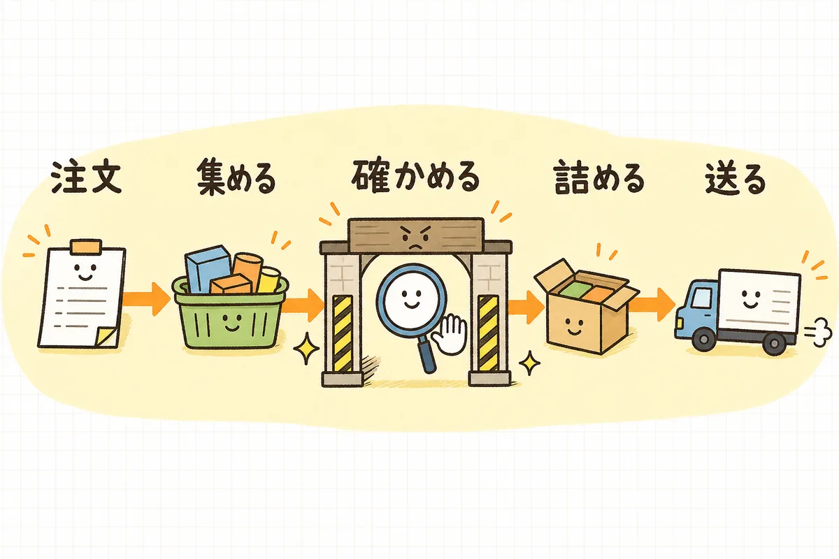 注文からピッキング・検品・梱包・発送までが一本の流れになり、途中に確認の関所が置かれている出荷オペレーションの図