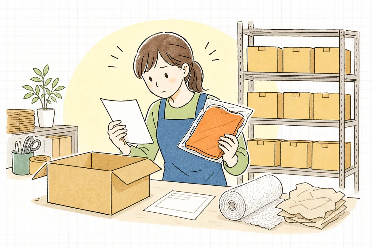 出荷作業台で伝票と商品を見比べ、送り間違いがないか確認しているEC担当者の様子