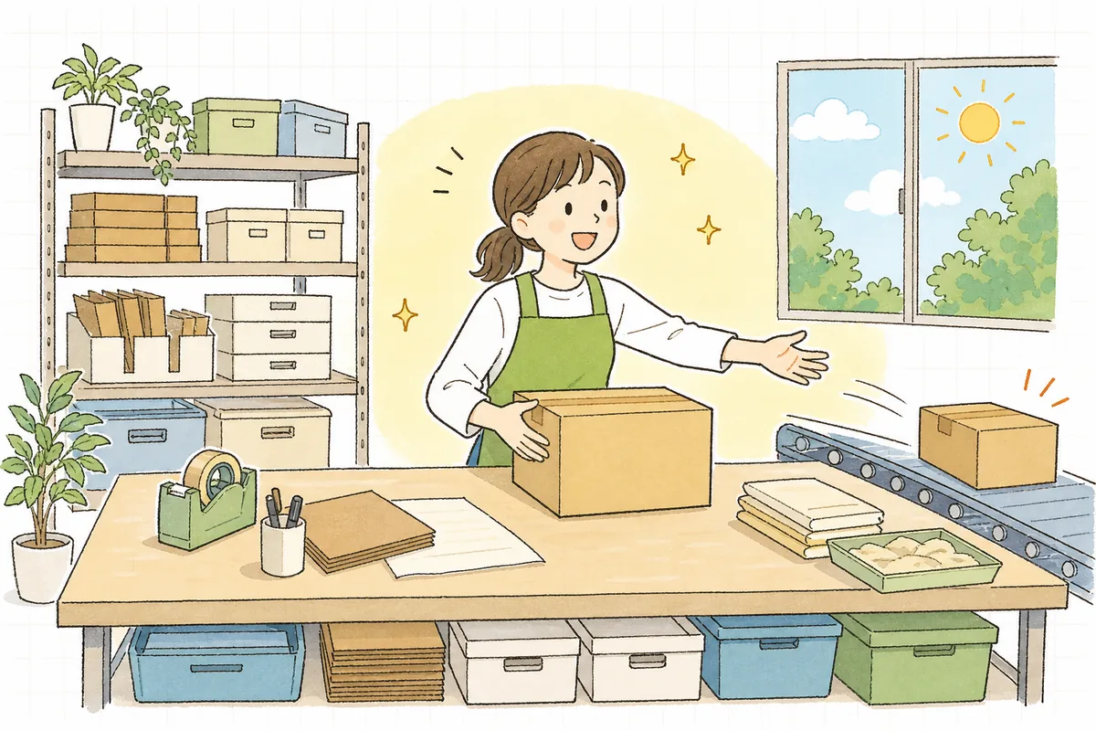 整った出荷ラインで、間違いなく荷造りを終え、すっきりとした表情で商品を送り出すEC担当者の明るい様子