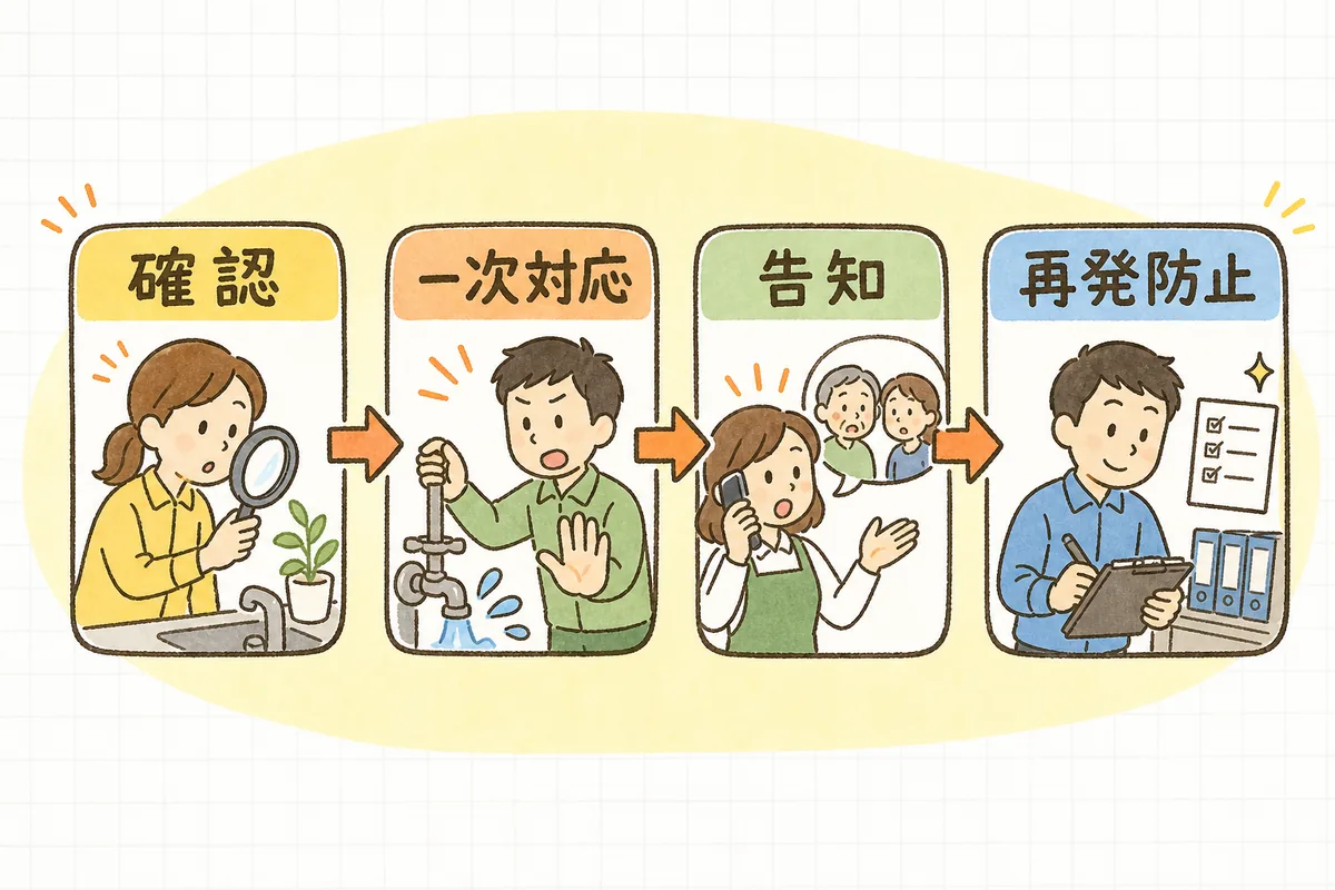サイトダウン対応の4ステップ(確認→一次対応→告知→再発防止)を左から順に矢印でつないだ流れ図