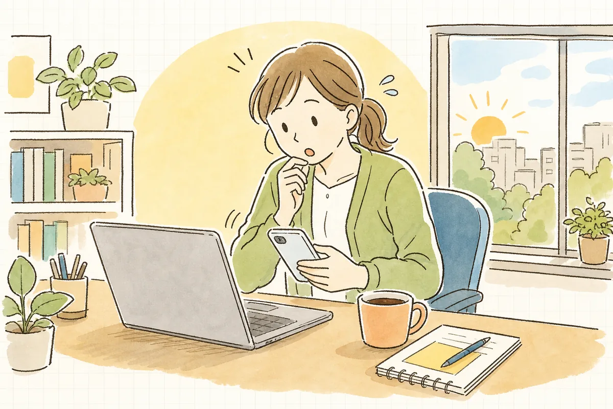 早朝のオフィスでサイトが表示されないノートパソコンの前で、一瞬息をのみつつも落ち着いて対応を始めようとするEC担当者の情景