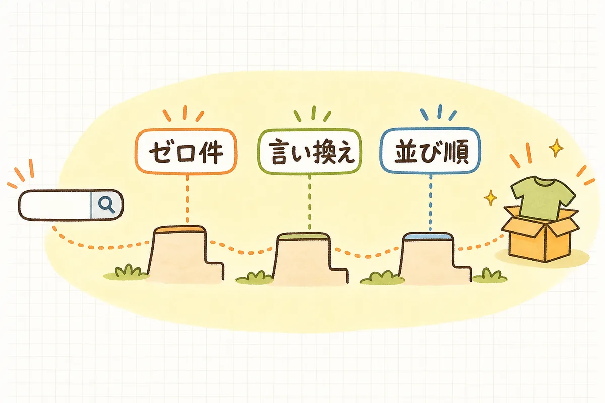 サイト内検索でお客さんがつまずく3つのポイント(ゼロ件・表記ゆれ・並び順)を整理した図