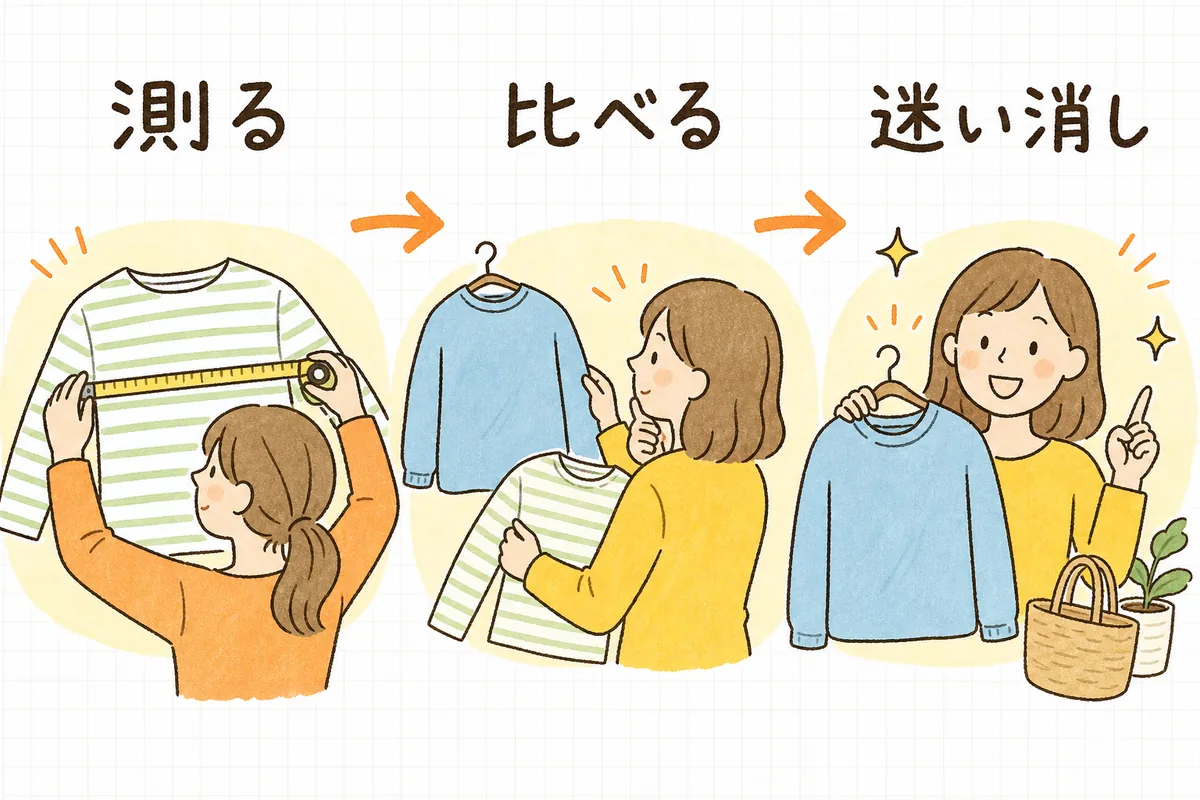 商品を平置きで測って実寸表を作り、お客さんが自分の持ち物と比べ、迷いを消す情報を足す3段階の流れの図