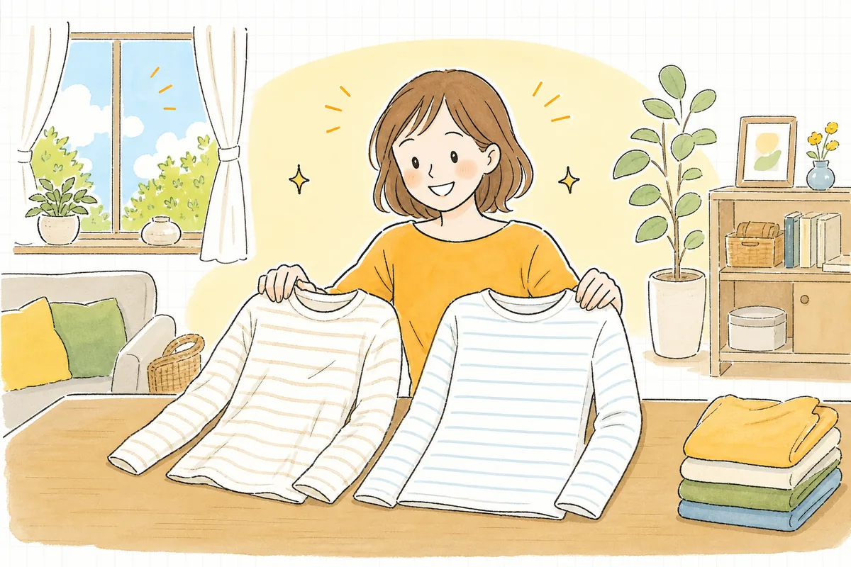 手持ちの服と数字を見くらべて安心して注文を決め、晴れやかな表情のお客さんの様子