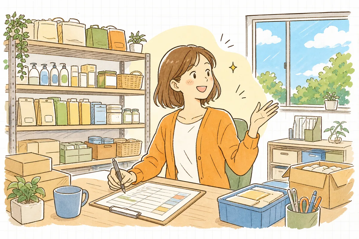 商品コードが整理され、すっきりした在庫表を前に安心して前を向くEC担当者の明るい様子