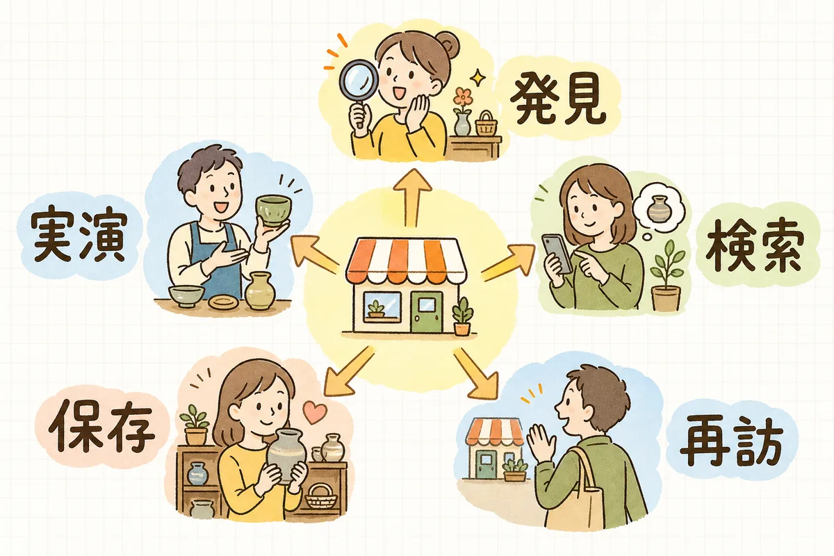 中央のお店から5つのSNSへ矢印が伸び、それぞれ得意分野が書かれたソーシャルコマースの地図