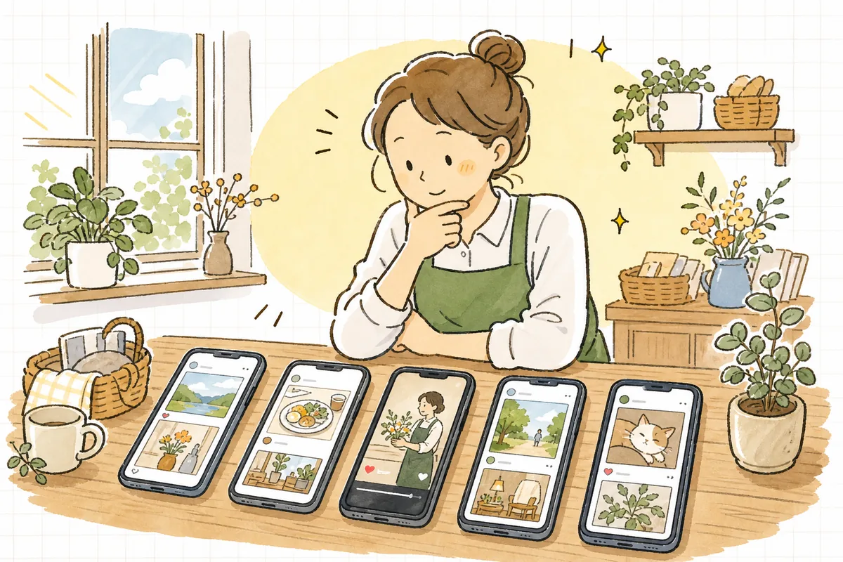 机の上に並んだ複数のスマートフォンにそれぞれ違うSNSの画面が映り、それを見比べながらどこから始めるか考えているショップ担当者