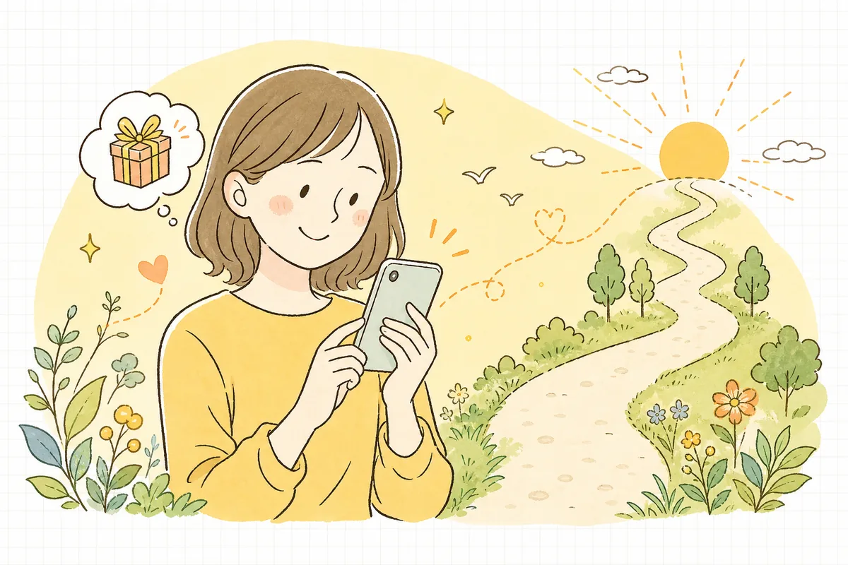 贈られたギフトを受け取った人が、スマホのメッセージを見てうれしそうに微笑んでいる明るい情景