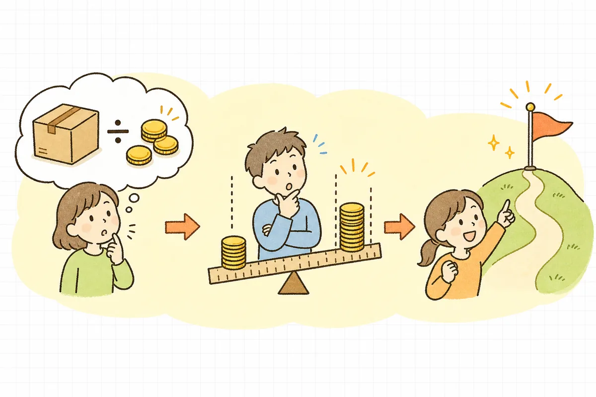 送料を粗利で割って最低ラインを出し、客単価と比べ、推奨ラインを決める3ステップの流れ図