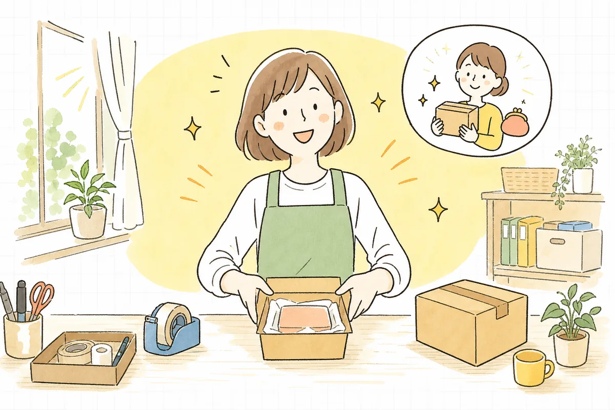 中身にぴったり合った箱で手早く梱包を終え、利益が残る手応えに笑顔を見せるEC担当者の情景
