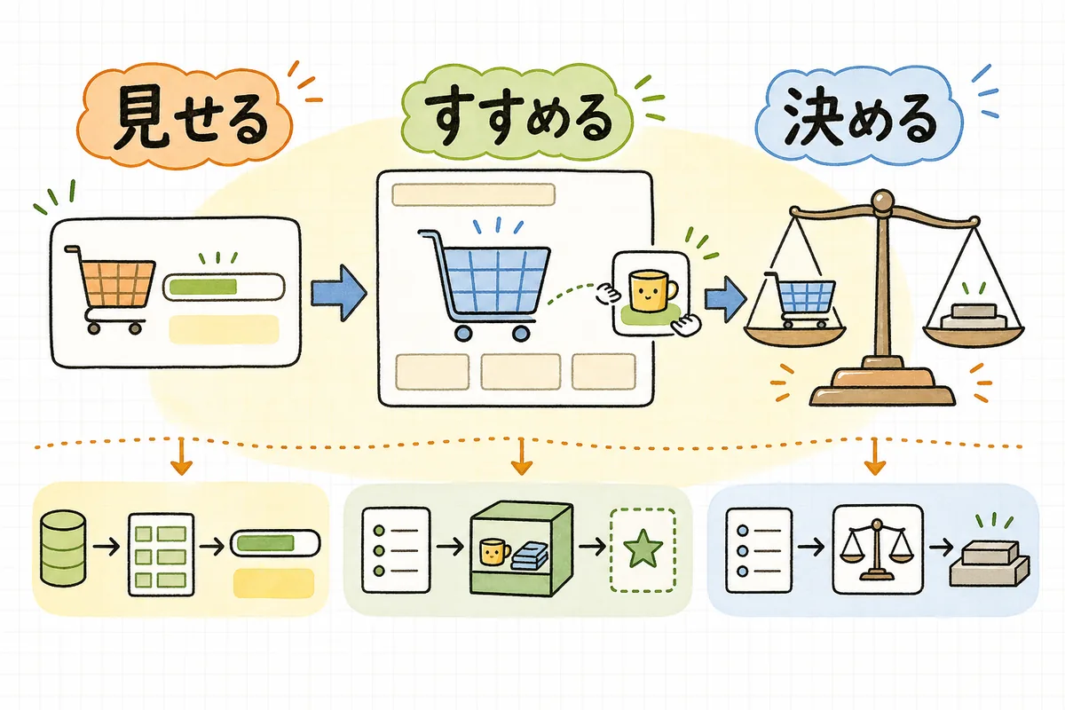 送料無料ナビを「残り金額を見せる」「あと1品をすすめる」「無料ラインを利益から決める」の3ステップで組み立てることを示した図