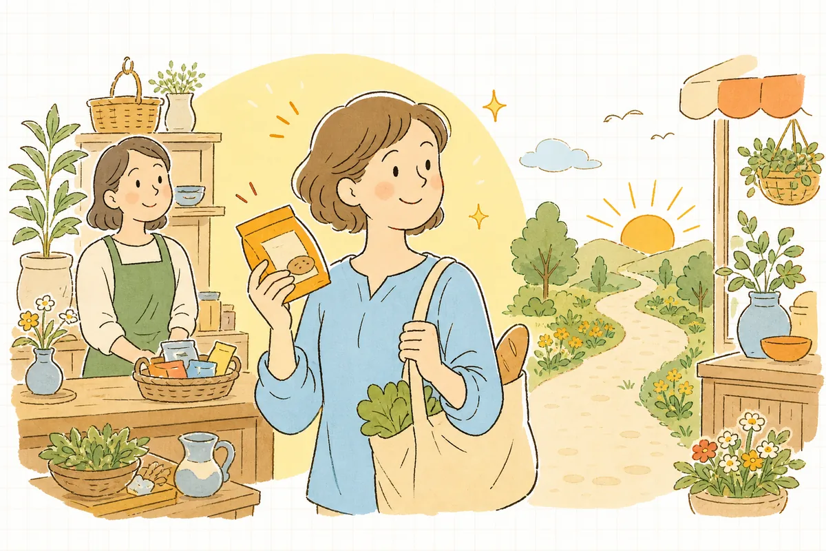 送料無料ナビをきっかけにあと1品を足したお客さんが、満足そうに買い物を終え、お店との関係が気持ちよく続いていく様子を象徴する明るい情景
