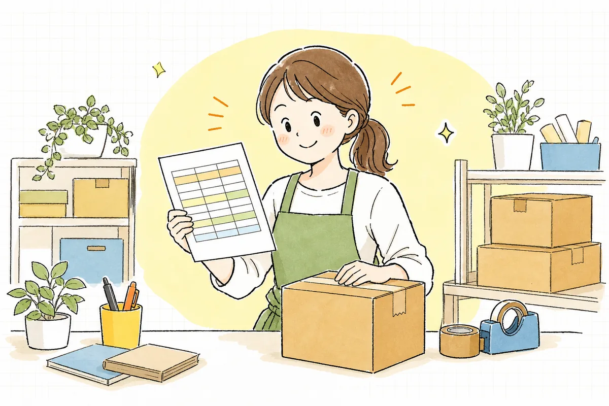 整理された送料表を前に、すっきりとした表情で発送作業に向かう前向きなEC担当者の情景