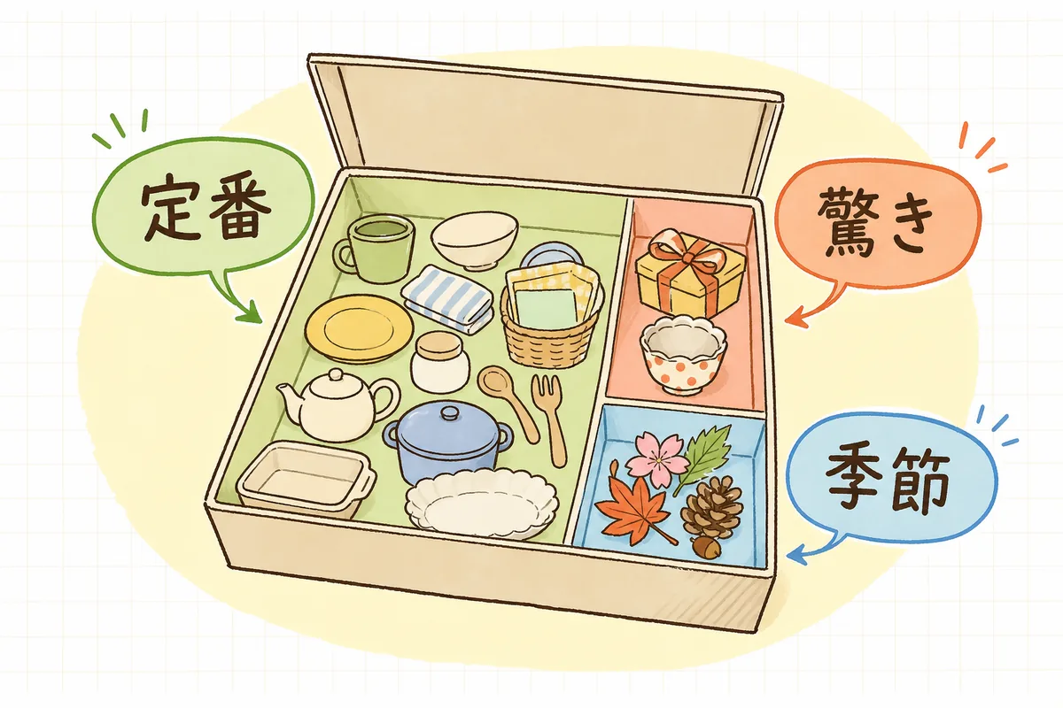 サブスクボックスの中身を「定番」「驚き」「季節」の3つのバランスで設計する考え方を示した図