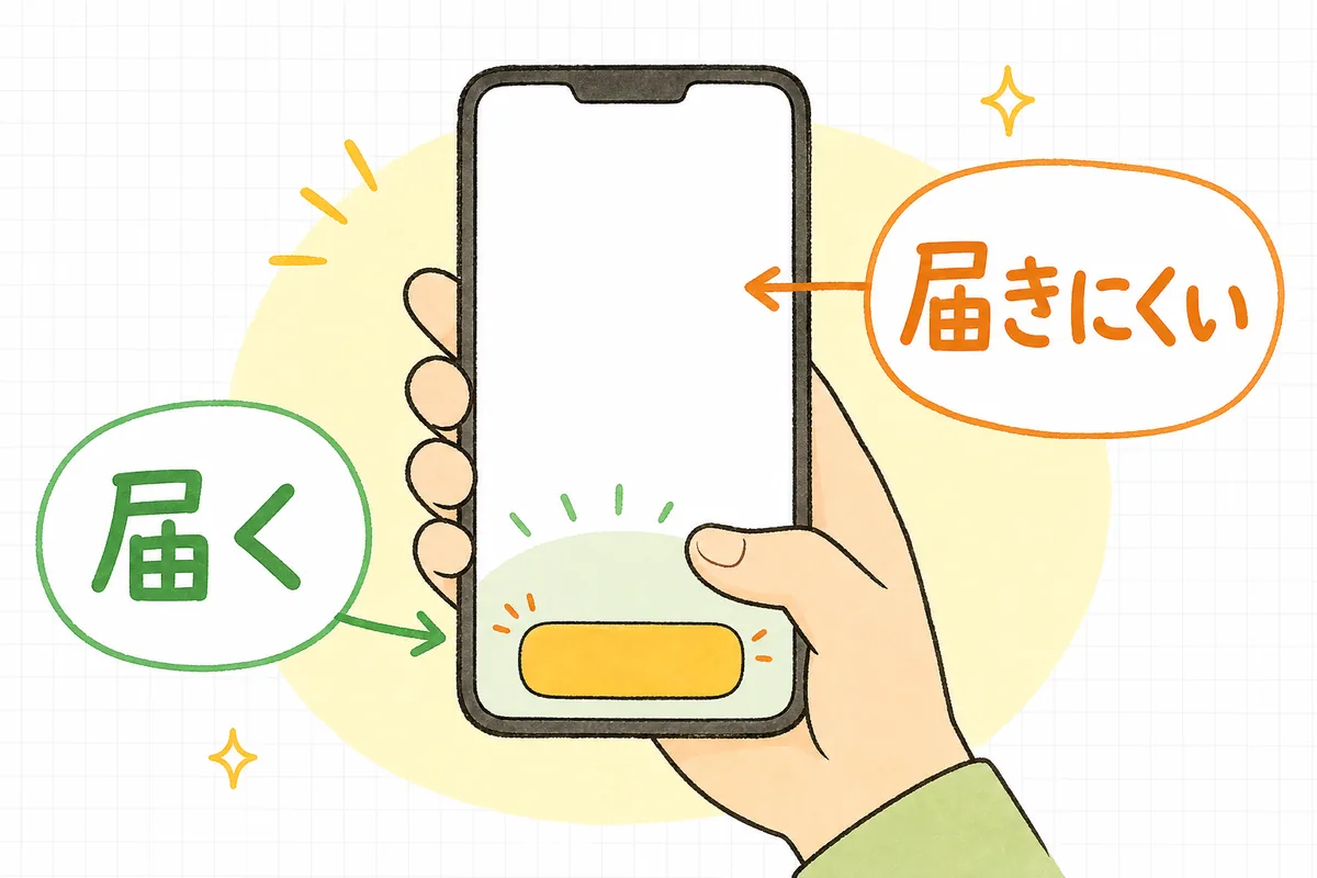 スマホ画面の下半分が親指の届く範囲で、主要ボタンをそこに置くと押しやすいことを示す図