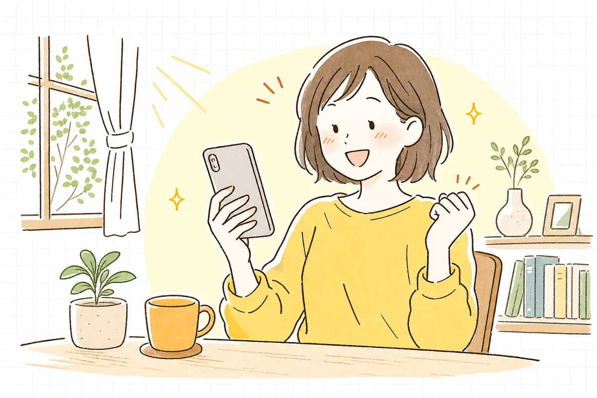 スマホで迷わず買い物を終え、満足そうにほほえむ人