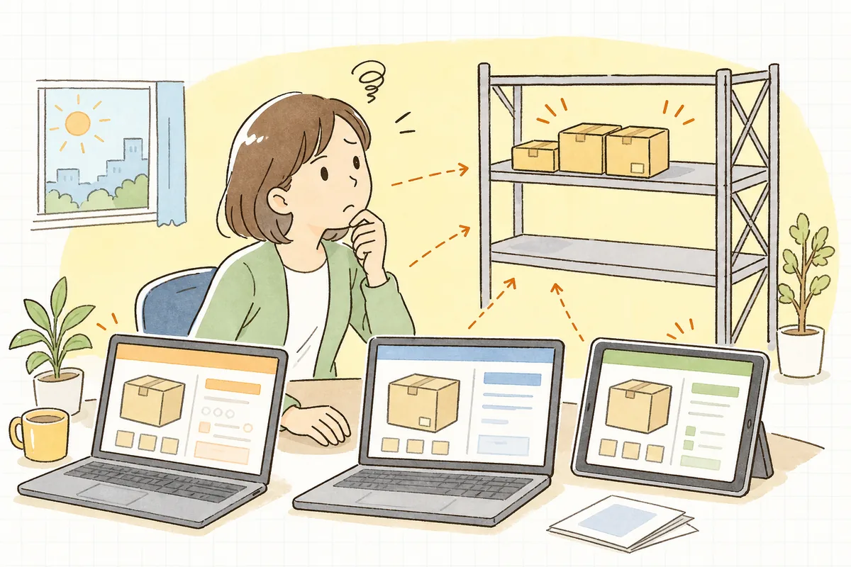 複数のモール画面と一つの在庫棚を前に、在庫数が合わずに困っているEC担当者の様子