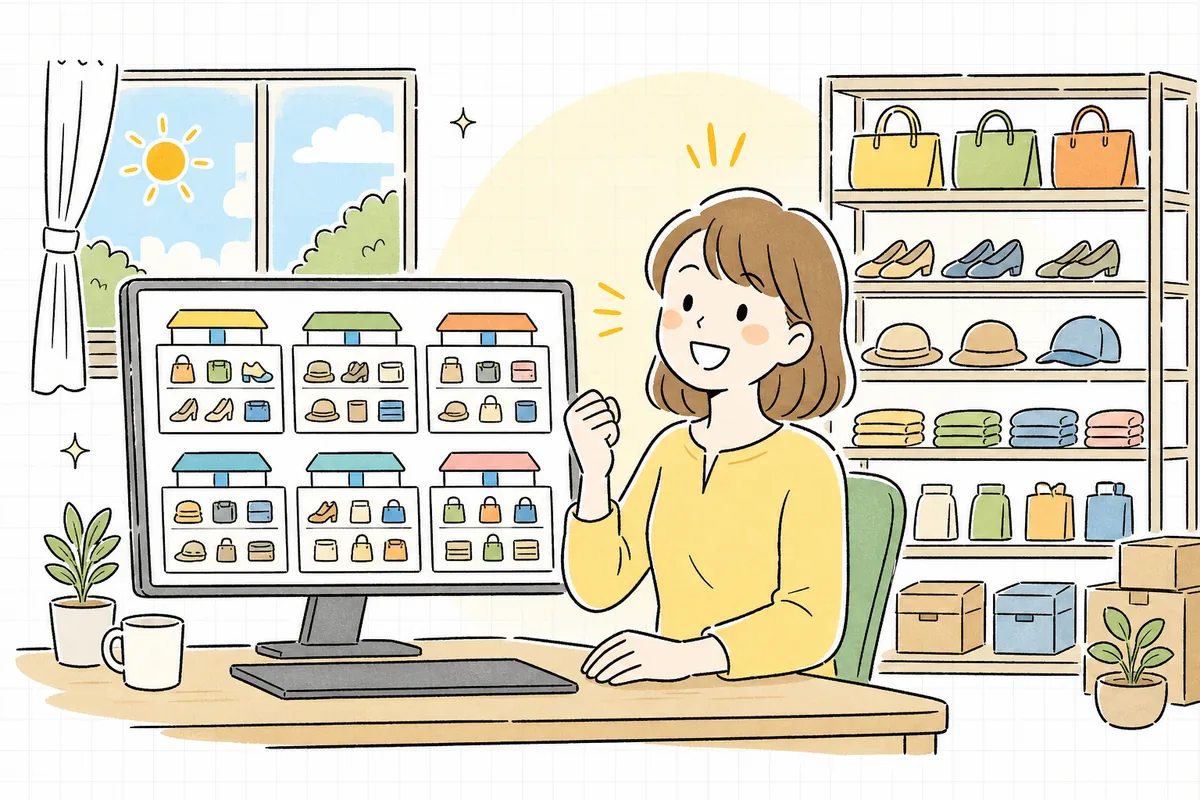 複数の店舗の在庫がひとつに整い、すっきりした表情で運営を進めているEC担当者の明るい様子