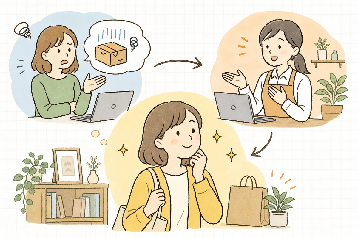低評価レビューとその返信を見比べて購入を判断する見込み客の概念図