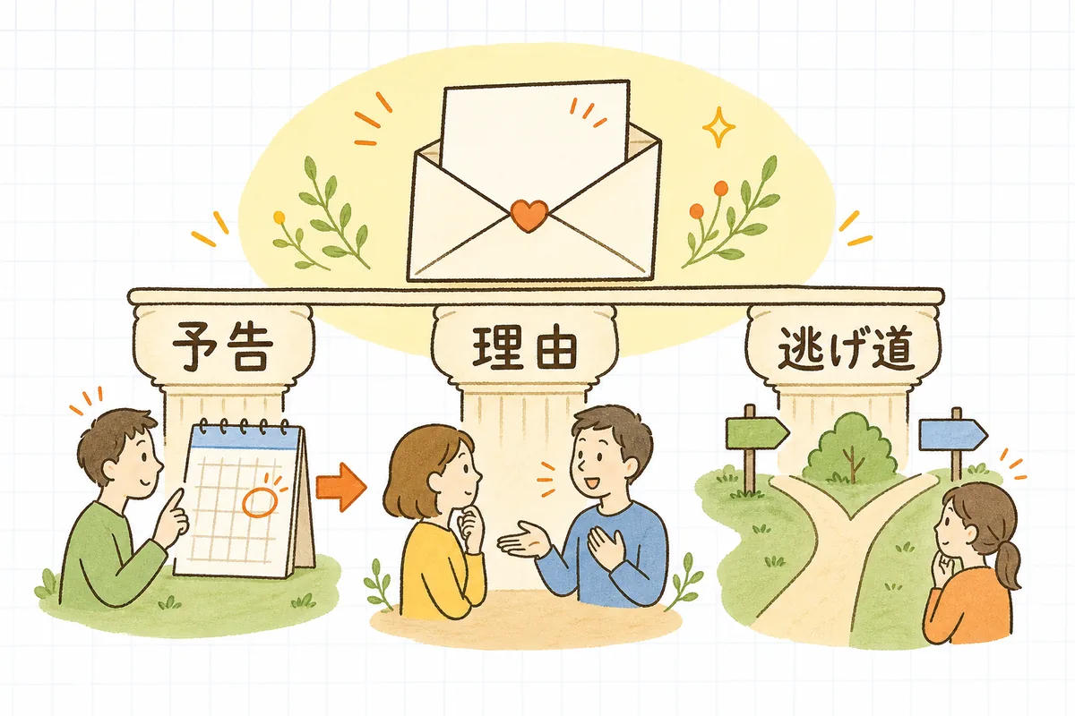 値上げを伝えるときの3つの柱(早めの事前告知・正直な理由・選べる逃げ道)を並べた図