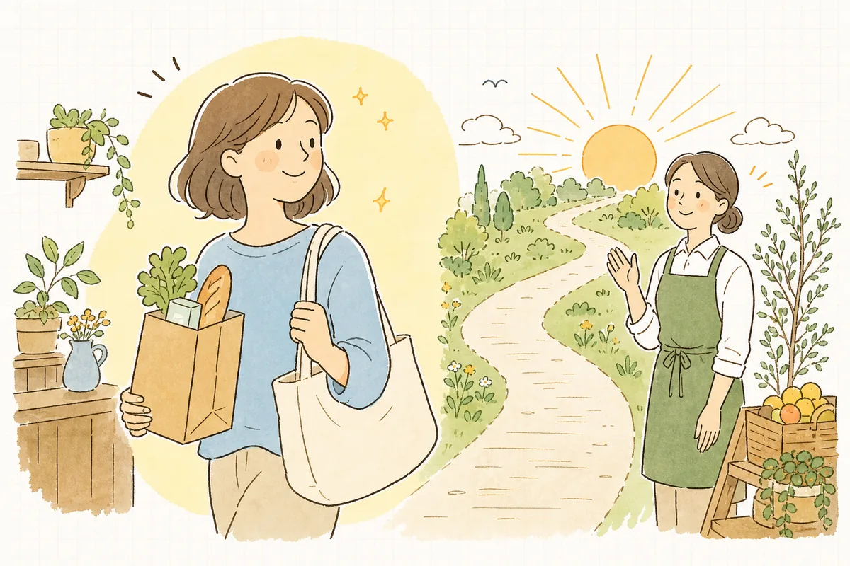 整えられたサンクスページから次の接点につながり、お客さんとお店のやりとりが続いていく様子を象徴する、明るく前向きな情景