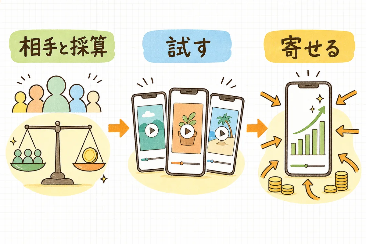 TikTok広告を「届ける相手と採算の線を決める」「少額予算で短い動画を2〜3本出す」「数字を見て勝った動画に寄せる」の3ステップで始めることを示した図