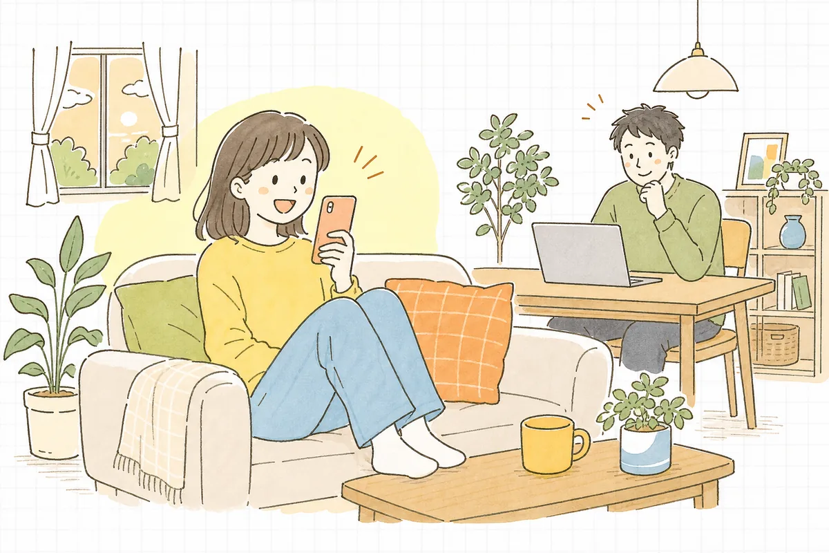 スマートフォンでTikTokの動画を楽しそうに見ているお客さんと、その横で「うちの商品も届けられるかな」と広告を試そうか迷っているお店の担当者の情景